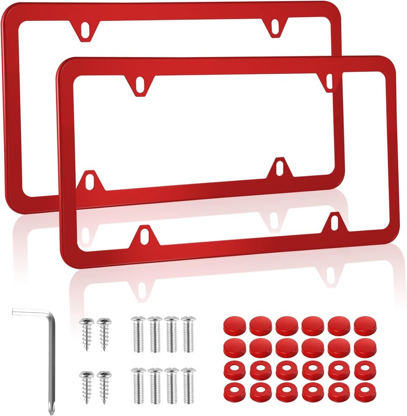 alpmosn 2PCS Stainless Steel License Plate Frames, 4 Holes Car Licence Plate Covers with Screws Washers and Caps, Car Exterior Accessories, License Plate Holder for US Vehicles (Red) - Image 1